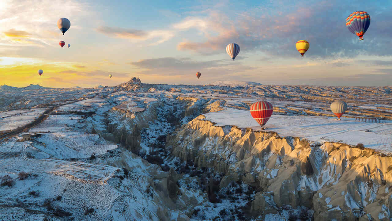 aerial view of goreme in winter