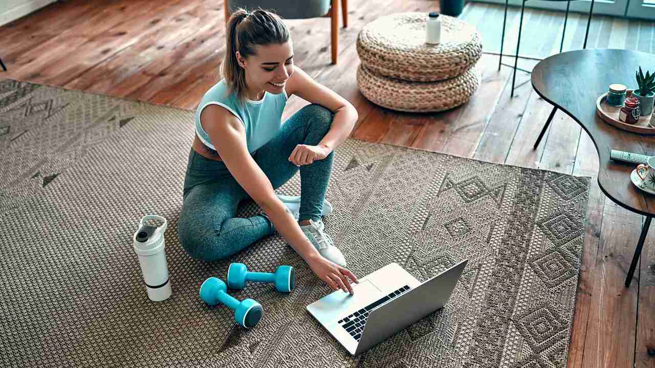 Evde bilgisayara bakarak egzersiz yapan sportif kadın
