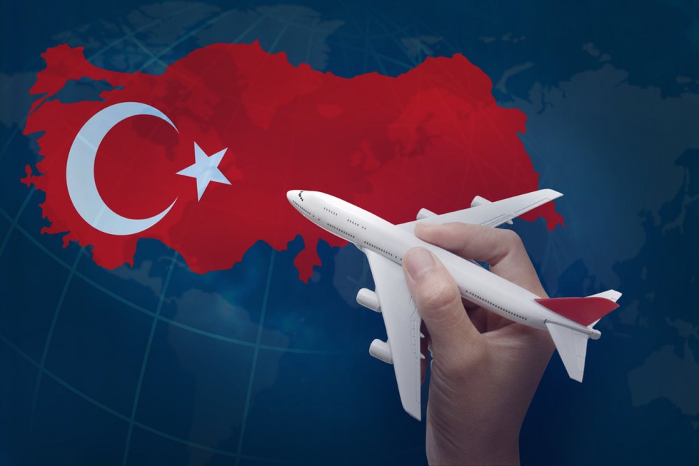 hand holding a plane over turkey map